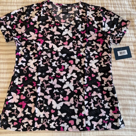 Zoe & Chloe Pink cancer Awareness. 2-Pocket STRETCH V-Neck Print Scrub Sz Med - Picture 7 of 9